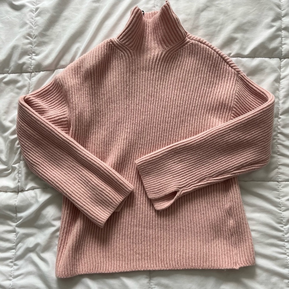 Pink Rib-Knit Turtleneck Sweater